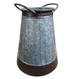 Galvanized Metal Corrugated Flower Vase with Curved Side Handles, Gray and Brown