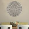 Round Shape Wooden Wall Panel with Ornate Carvings, Washed White