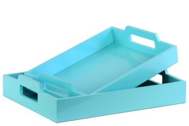 Wood Rectangular Serving Tray with Cutout Handles Set of Two Coated Finish Light Blue - 3.25"H