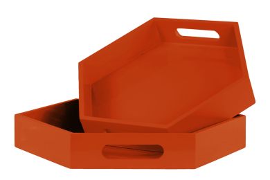 Wood Hexagonal Serving Tray with Cutout Handles Set of Two Coated Finish Orange