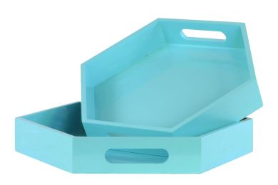 Wood Hexagonal Serving Tray with Cutout Handles Set of Two Coated Finish Light Blue