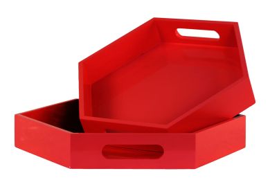 Wood Hexagonal Serving Tray with Cutout Handles Set of Two Coated Finish Red