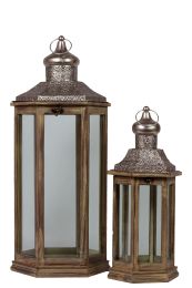 Wood Hexagonal Lantern with Pierced Metal Top, Metal Ring Handle and Glass Sides Set of Two Natural Wood Finish Sienna Brown