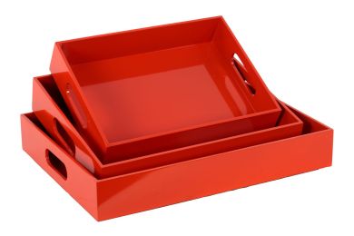 Wood Rectangular Serving Tray with Cutout Handles Set of Three Coated Finish Red Orange
