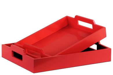 Wood Rectangular Serving Tray with Cutout Handles Set of Two Coated Finish Red