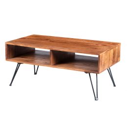 42 Inch Handcrafted Mango Wood Coffee Table with Metal Hairpin Legs, Brown and Black