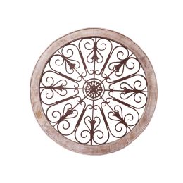 Round Intricate Metal Scrollwork Wall Decor with Wooden Frame, Cream and Brown