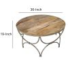 Round Wooden Top Coffee Table with Lattice Metal Base, Brown and Silver