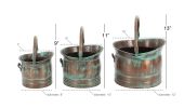 Green Tinged Metal Bucket Planter With Handles, Set of 3