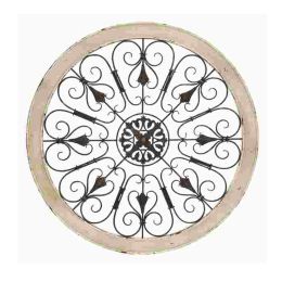 Round Intricate Cream and Brown Metal Scrollwork Wall Decor with Wooden Frame