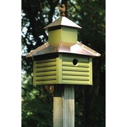 Pinion Green Birdhouse with Bright Copper Roof and Rooster Top